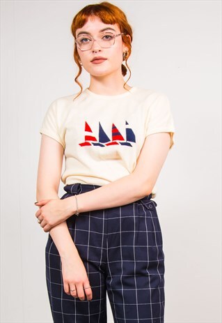 VINTAGE 90'S CREAM KNIT NAUTICAL BOAT PRINT TOP