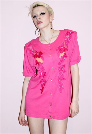 VINTAGE 90'S BOLD HOT PINK EMBROIDERY CARDIGAN/DRESS