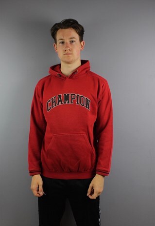 VINTAGE CHAMPION HOODIE IN RED WITH FELT PRINTED SPELLOUT LO