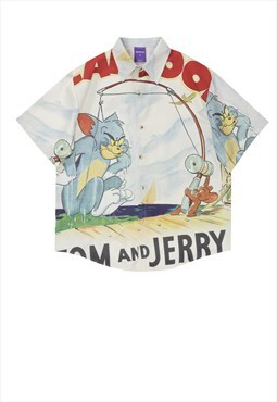 Tom and Jerry patch shirt fishing top in light blue