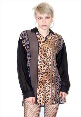 VINTAGE 80S ANIMAL LEOPARD RETRO BROWN ORANGE SHIRT BLOUSE