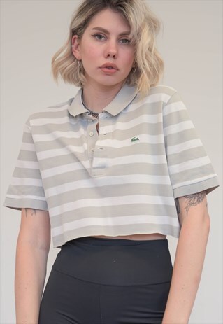 VINTAGE REWORKED LACOSTE CROPPED POLO SHIRT IN GREY STRIPED