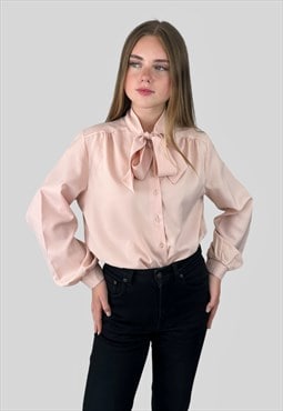 80's Vintage Pink Peach Pussy Bow Long Sleeve Blouse