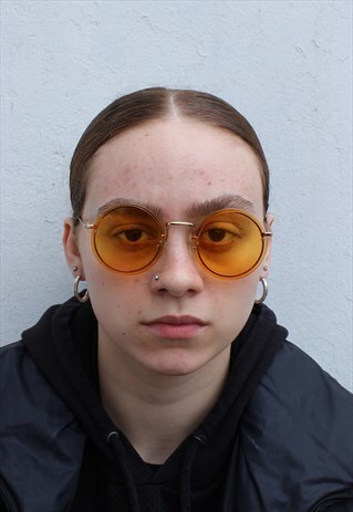 80S STYLE YELLOW ROUND CIRCLE GOLD FRAME 19 SUNGLASSES