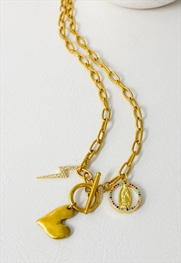 Gold Plated T-Bar Charms Necklace