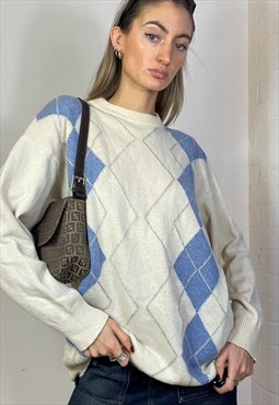 Vintage Y2k Argyle Knitted Jumper Sweater Cream Blue