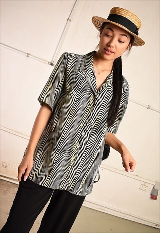 90'S RETRO ANIMAL PRINT PARIS CHIC MONOCHROME BLOUSE TOP