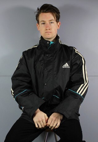 VINTAGE ADIDAS HOODED WATERPROOF RAIN COAT IN BLACK WITH BLU