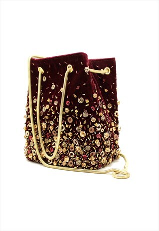 EMBELLISHED MAROON EVENING BUCKET BAG