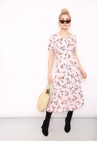 VINTAGE 90S PINK FLORAL PRINT MIDI DRESS