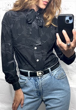 90s Black Printed Bow Neck Blouse - Small