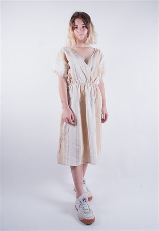 VINTAGE STRIPE LINEN WRAP STYLE V NECK DRESS