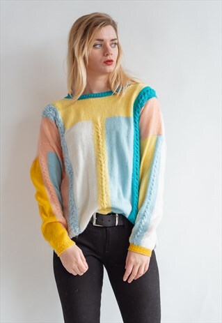 VINTAGE 80S FUNKY HANDMADE COLOURBLOCK JUMPER