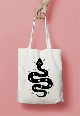 SPACE SNAKE MOON PHASE PRINT CANVAS TOTE BAG - BLACK ON NATU