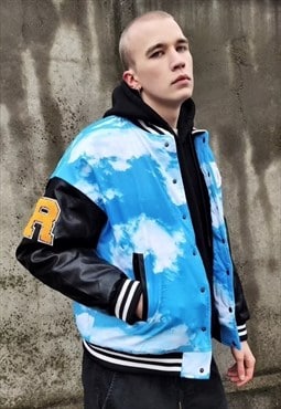 Clouds varsity bomber sky faux leather sleeves jacket blue