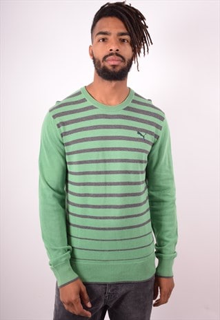 PUMA MENS VINTAGE JUMPER SWEATER MEDIUM GREEN STRIPES 90S