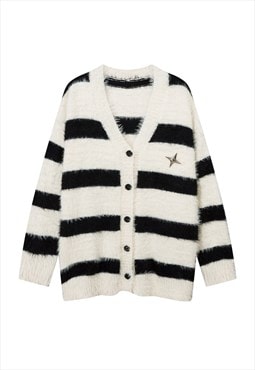 Fluffy striped cardigan fuzzy zebra jumper knitted top white