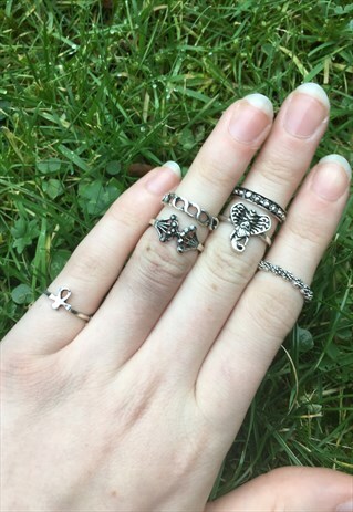 WOMENS BOHO AZTEC ELEPHANT SILVER COLOUR SET OF RINGS
