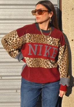 Y2K vintage reworked Nike spell out burgundy leopard jumper