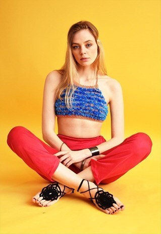 70'S STYLE BOHO FESTIVAL FURRY CROCHET HALTER CROP TOP