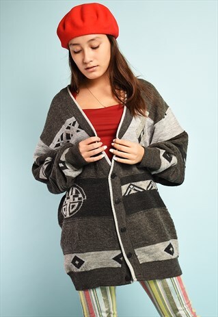VINTAGE 90'S ABSTRACT PATTERN KNIT OVERSIZED CARDIGAN