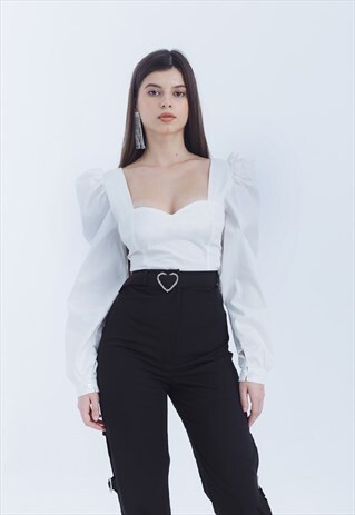 PUFFED SLEEVES WHITE CORSET TOP
