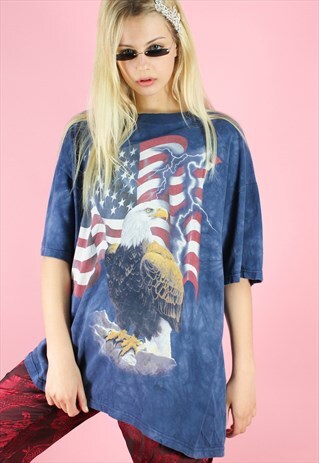 VINTAGE 90S T-SHIRT Y2K DARK BLUE USA TIE DYE EAGLE