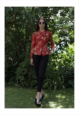 VINTAGE 80'S RED FLOWER PRINT LONG SLEEVED SHIRT