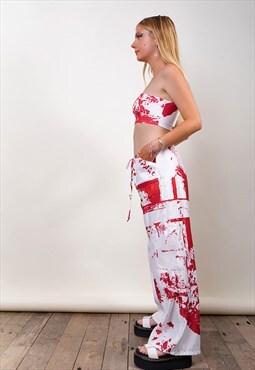 EUNOIA by Emily S/S22 Red Print Satin Wide Leg Trousers