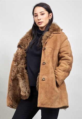 VINTAGE 70'S CAMEL BROWN PREMIUM HOODED SHEEPSKIN COAT