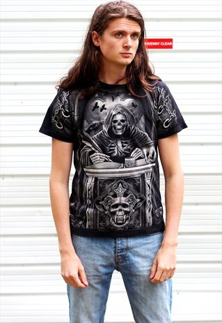 1990'S VINTAGE BLACK GRAPHIC REAPER PRINT T-SHIRT
