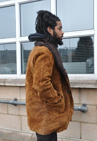 VTG 70S TOBACCO BROWN FAUX SUEDE WINTER BORG SHERPA COAT