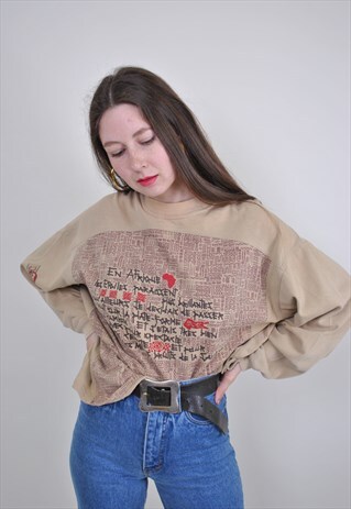 VINTAGE JAPAN SWEATSHIRT, ASIAN PRINT BEIGE JUMPER