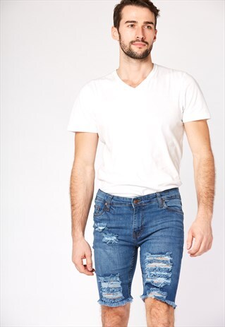 LIGHT BLUE WASH DISTRESSED DENIM SHORTS