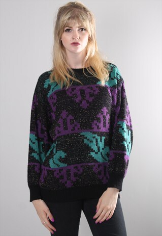 VINTAGE 80S BLACK METALLIC PATTERNED KNIT JUMPER