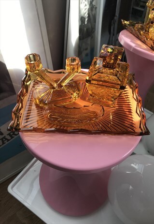 RARE UNIQUE VINTAGE 30S AMBER ART DECO GLASS VANITY SET