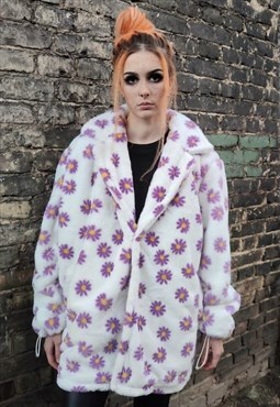 Floral fleece jacket handmade fauxfur daisy trench coat