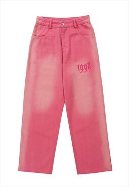 Faded jeans washed out denim numbers patch pants in pink