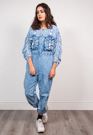 VINTAGE 90'S ACID WASH BLUE DENIM OVERALLS JUMPSUIT
