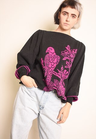 80'S RETRO BIRD PATTERN BEADED KNIT JUMPER