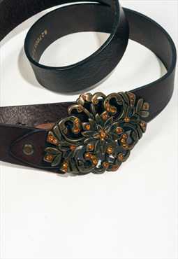 Deadstock Vintage Leather Belt Y2K Bronze Flower Fairy Rhine
