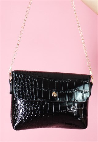 VINTAGE INSPIRED BAG CROSS BODY IN FAUX SNAKE LEATHER BLACK