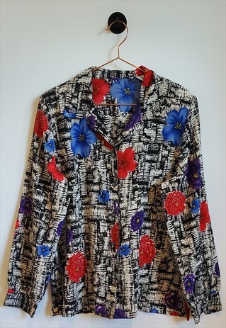 VINTAGE 80S FLORAL ABSTRACT PRINT LONG SLEEVE SHIRT 10-12