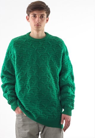 VINTAGE BENETTON SWEATER 90S GREEN HEAVY CABLE KNITTED