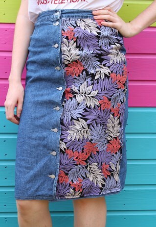 VINTAGE 90S BLUE DENIM A LINE SKIRT PURPLE FLORAL PANEL