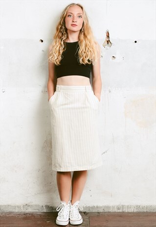 VINTAGE 80S STRIPED LINEN MIDI PENCIL SKIRT