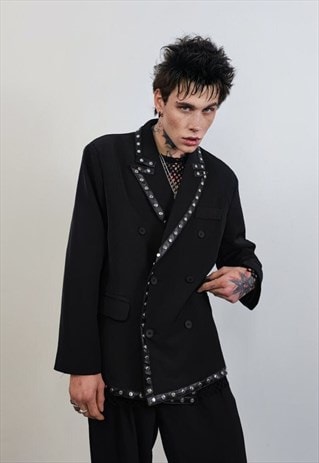 STUDDED GOTHIC SUIT FAUX LEATHER FINISH TUXEDO CATWALK BLACK