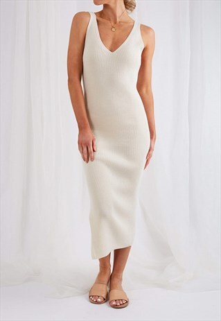 LARA RIBBED KNIT MIDI DRESS - CREAM