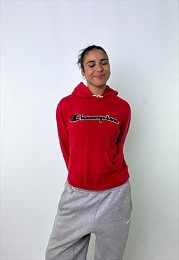 Red 90s Champion Spelllout Hoodie Sweatshirt