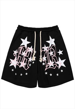 Star print skater shorts premium embroidered pants in black
